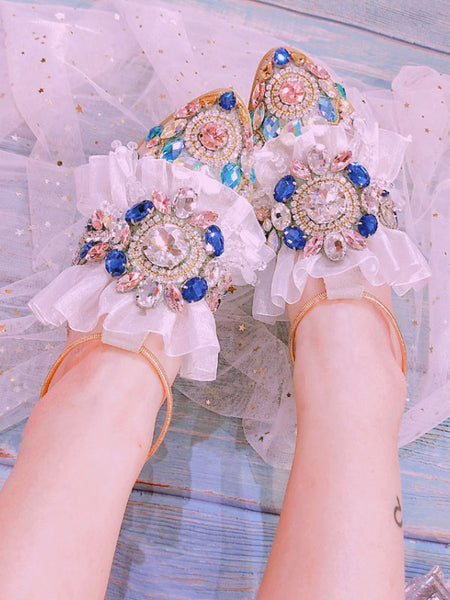 Sweet Lolita Sandals Rhinestones Lace Closed Toe Suede Leather Light Apricot Lolita Customize Sandals