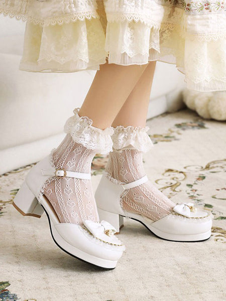 Sweet Lolita Sandals Round Toe Chunky Heel Bows PU Leather White Lolita Summer Ankle Strap Heels