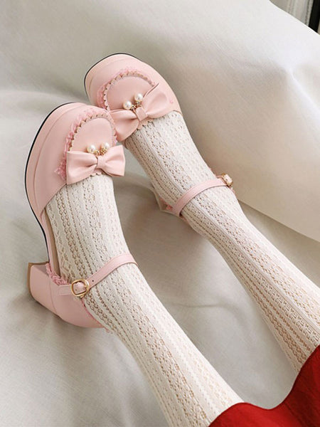 Sweet Lolita Sandals Round Toe Chunky Heel Bows PU Leather White Lolita Summer Ankle Strap Heels