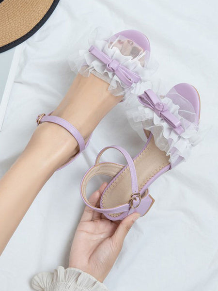 Sweet Lolita Sandals Round Toe Chunky Heel PU Leather Bows Pink Lolita Summer Ankle Strap Heels