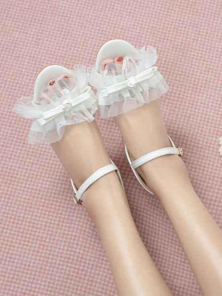 Sweet Lolita Sandals Round Toe Chunky Heel PU Leather Bows Pink Lolita Summer Ankle Strap Heels