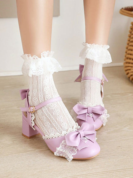 Sweet Lolita Sandals Round Toe Chunky Heel PU Leather Lilac Lolita Summer Ankle Strap Heels