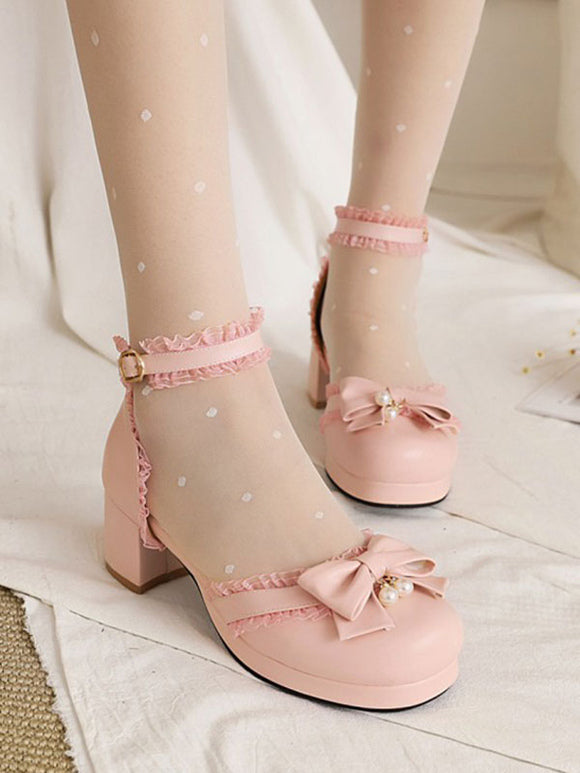 Sweet Lolita Sandals Round Toe Chunky Heel PU Leather Pink Lolita Summer Ankle Strap Heels