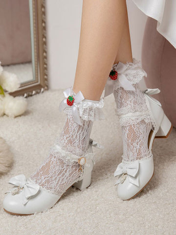 Sweet Lolita Sandals Round Toe Chunky Heel PU Leather White Lolita Summer Ankle Strap Heels