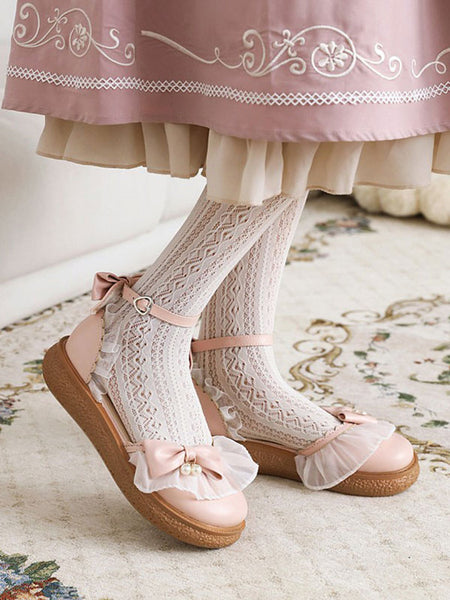 Sweet Lolita Sandals Round Toe PU Leather Bows Pink Lolita Summer Ankle Strap Heels