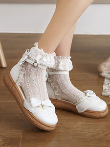 Sweet Lolita Sandals Round Toe PU Leather Bows Pink Lolita Summer Ankle Strap Heels