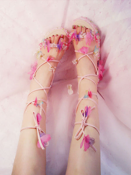 Sweet Lolita Sandals Round Toe Sequins Lace Up Flowers Microfiber Pink Customize Lolita Summer Sandals
