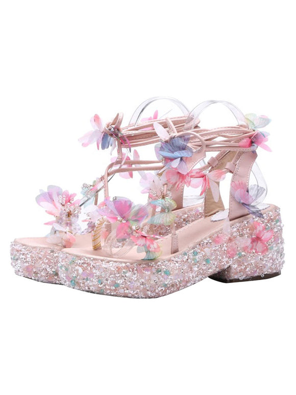 Sweet Lolita Sandals Round Toe Sequins Lace Up Flowers Microfiber Pink Customize Lolita Summer Sandals
