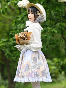 Sweet Lolita Skirt Floral Print Beige Lace Tiered Tea Party Daily Casual Lolita Skirts