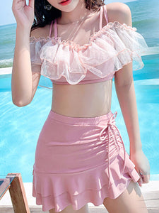 Sweet Lolita Swimming Outfits Pink Lace Up Sleeveless Pants Top 2-Piece Set