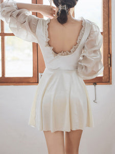 Sweet Lolita Swimming Outfits White Lace Up Ruffles Long Sleeves Jumpsuit Outfit
