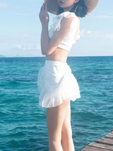 Sweet Lolita Swimming Outfits White Ruffles Short Sleeves Skirt Pants Top 3-Piece Set