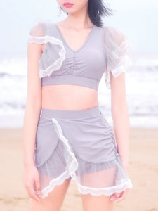 Sweet Lolita Swimming Outfits White Ruffles Short Sleeves Skirt Pants Top 3-Piece Set