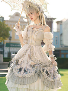 Sweet Lolita Wedding OP Dress Floral Print Light Gray Flowers Bows Lolita One Piece Dresses