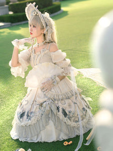 Sweet Lolita Wedding OP Dress Floral Print Light Gray Flowers Bows Lolita One Piece Dresses