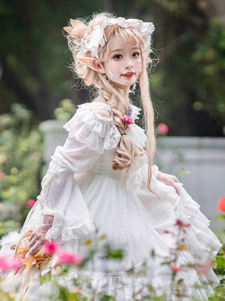 Tea Party Style Lolita JSK Dress Neverland Floral Print Pattern Ruffles Bows White Sweet Lolita Jumper Skirts