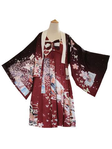 Traditional Japanese Lolita JSK Dress Brick Red Long Sleeves Polyester Floral Print Lolita Jumper Skirts