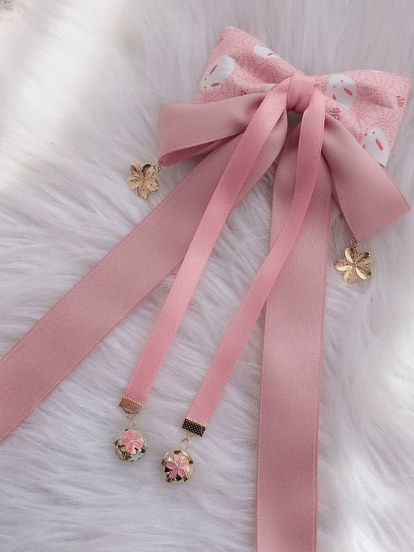 Wa Lolita Headdress Pink Linen Cotton Blend Bows Flowers Sakura Pattern Bow Headwear Lolita Hair Accessories