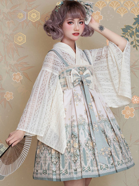 Wa Lolita JSK Dress Sage Sleeveless Bows Polyester Floral Printed Pattern Japanese Lolita Sweet Lolita Jumper Skirts