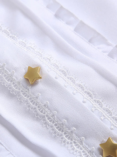 White Lolita Blouses Long Sleeves Blouse Ruffles Stars Print Sweet Lolita Shirt