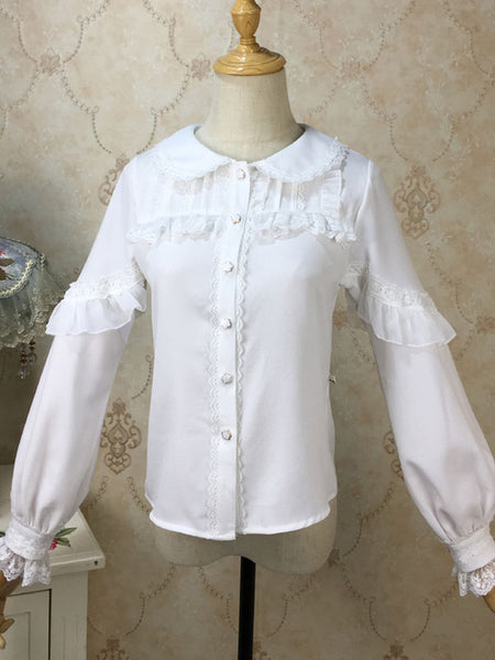 White Lolita Blouses Long Sleeves Ruffles  Lolita Top Lace Lolita Shirt