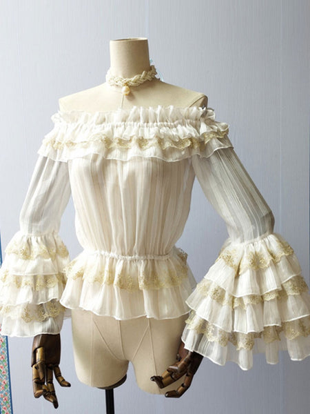White Lolita Blouses Long Sleeves Ruffles Lace Lolita Top Lolita Shirt