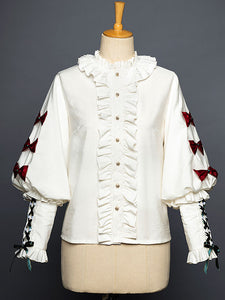 White Lolita Blouses Long Sleeves Ruffles Lace Up Bow Color Block Lace Lolita Top Lolita Shirt