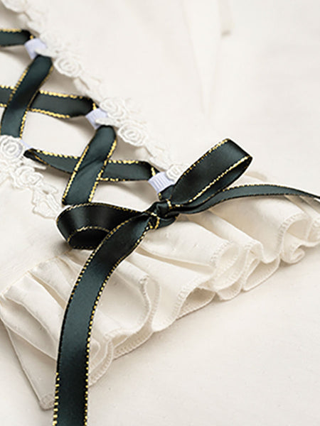 White Lolita Blouses Long Sleeves Ruffles Lace Up Bow Color Block Lace Lolita Top Lolita Shirt