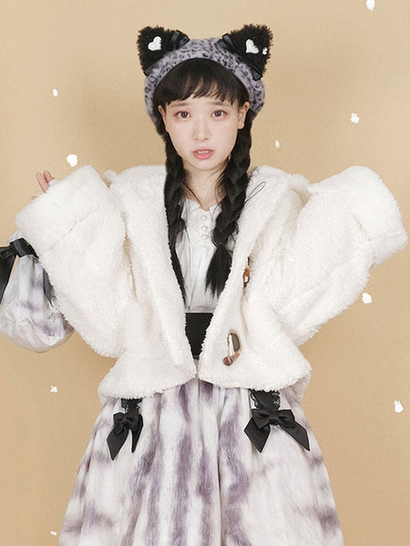 White Lolita Coats Polyester Overcoat Color Block Short Winter Sweet Lolita Outwears