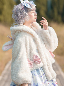 White Lolita Coats Pom Poms Bows Polyester Overcoat Color Block Bow Lolita Outwears
