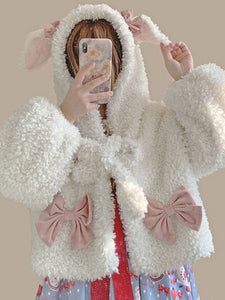 White Lolita Coats Pom Poms Bows Polyester Overcoat Color Block Bow Lolita Outwears