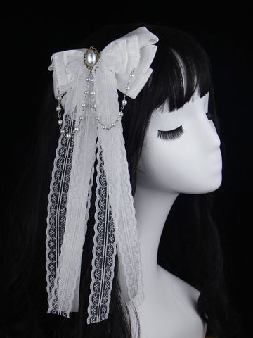 White Lolita Headdress Polyester Bows Lace Pearls Bow Accessory Headwear Lolita Hair Accessories