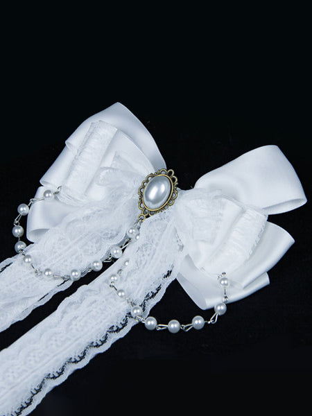White Lolita Headdress Polyester Bows Lace Pearls Bow Accessory Headwear Lolita Hair Accessories