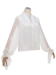 White Sweet Lolita Blouses Lace Up Ruffles Long Sleeves White Lolita Shirt