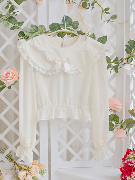 White Sweet Lolita Long Sleeves Ruffles Floral Print Lolita Shirt