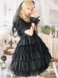 White Sweet Lolita OP Dress Neverland Cascading Ruffles Bows Floral Print Short Sleeves Lolita One Piece Dresses