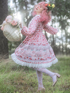 Women Sweet Lolita OP Dress Infanta Fairytale Floral Print Cherry Red Pleated Lolita One Piece Dresses