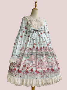 Women Sweet Lolita OP Dress Infanta Fairytale Floral Print Cherry Red Pleated Lolita One Piece Dresses