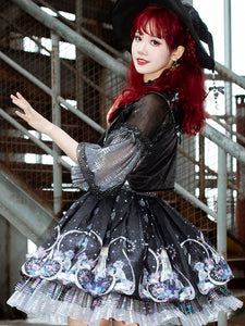 Women's Academic Lolita Outfits Black Bows Lace Stars Print Long Sleeves Lolita Skirt