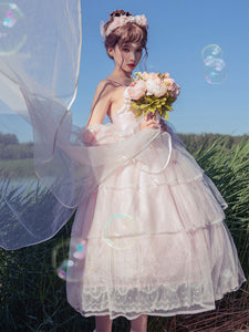 Womens Lolita JSK Dress 2-Piece Set Light Sky Blue Sleeveless Bows Tulle Lolita Jumper Skirts Outfits