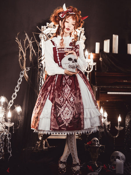 Womens Lolita JSK Dress Burgundy Bows Polyester Lolita Jumper Skirts